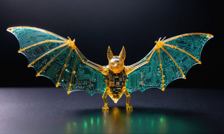 A golden bat with circuit board wings stands against a black backgroundの素材