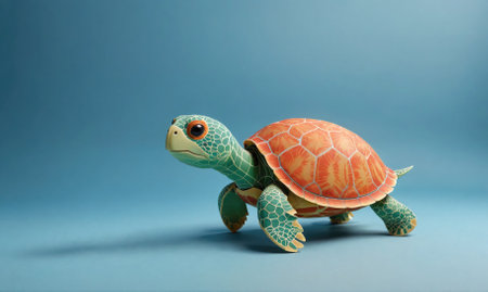 A small, green and orange turtle walks across a blue backgroundの素材