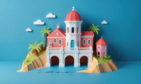 A paper model of a pink building with a white dome on a small island, surrounded by palm trees and clouds, on a blue backgroundの素材