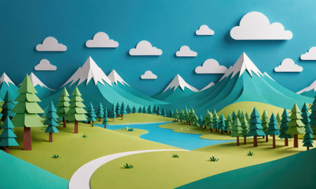 A papercraft landscape with mountains, trees, a river, and cloudsの素材
