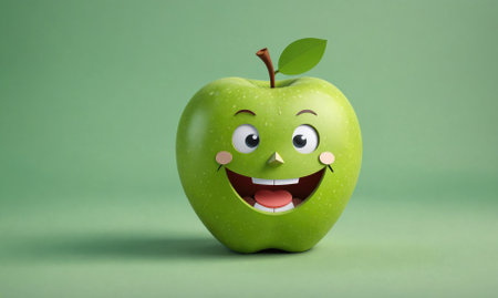 A green apple with a wide grin smiles against a green backgroundの素材