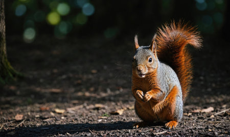 A squirrel sits in the forest, its bushy tail curled around its bodyの素材