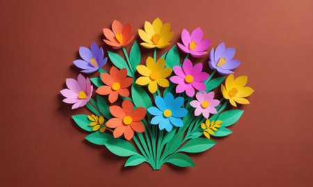 A colorful bouquet of paper flowers sits on a brown backgroundの素材