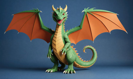 A green dragon with orange wings stands on a blue background, ready to take flightの素材