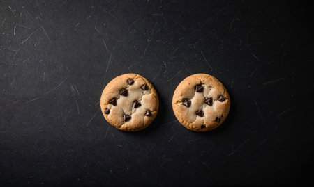 Two chocolate chip cookies on a black surfaceの素材
