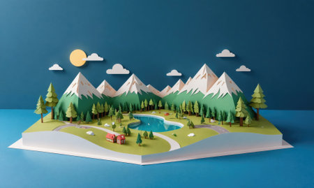 A papercraft landscape featuring a lake, mountains, and a small house, with the sun shining in a blue skyの素材