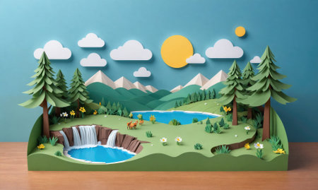 A papercraft landscape features a waterfall, lake, and mountains under a sunny skyの素材