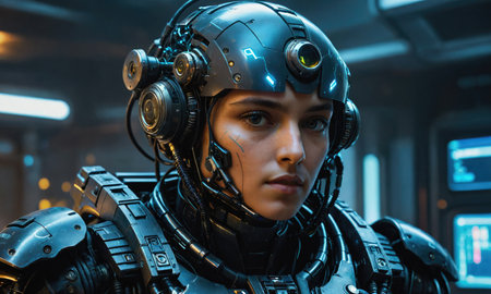 A woman in a futuristic helmet and suit stares directly at the camera, looking like a character in a science fiction filmの素材
