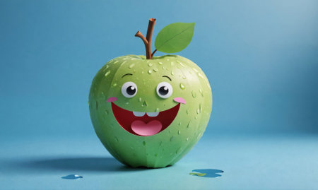 A happy green apple with a big smile and water droplets sits on a blue surfaceの素材