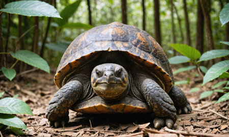 A large tortoise walks slowly through the forest, its shell a dark brown with hints of yellowの素材