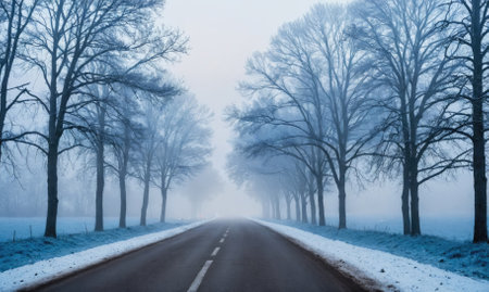 A winding road leads into the distance through a foggy forest in the winterの素材
