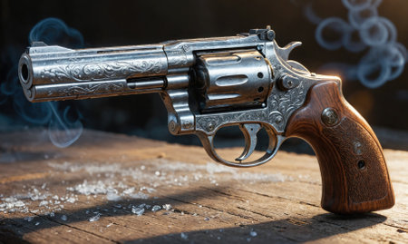 A silver revolver with an ornate design lies on a wooden surface, with smoke rising from the barrelの素材
