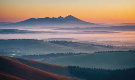 A misty sunrise over rolling hills and a mountain rangeの素材