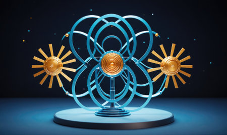 A blue and gold kinetic sculpture with intricate moving parts rotates on a dark blue backgroundの素材