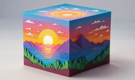 A colorful paper landscape depicting a sunset over mountains and a body of waterの素材
