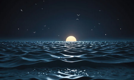 The moon rises over a calm ocean, illuminating the night sky with its soft glowの素材