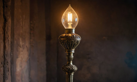 A teardrop-shaped light bulb illuminates a dark room from an ornate silver lampの素材