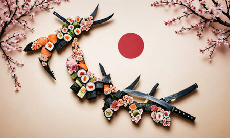 Sushi arranged in the shape of swords with cherry blossoms on a peach background, referencing Japanese cultureの素材