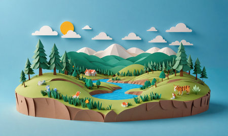 A paper-crafted landscape with green hills, a winding river, and a small house under a sunny skyの素材