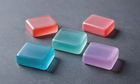 Five colorful, translucent blocks lay flat on a grey surfaceの素材