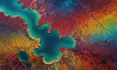 An aerial view of a lake with a unique shape and vibrant colorsの素材