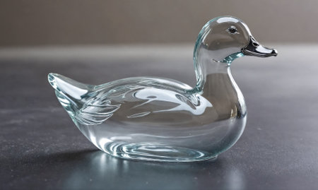 A clear glass duck figurine rests on a gray surfaceの素材