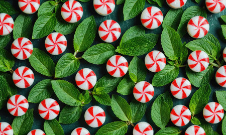 Red and white peppermint candies are arranged amongst fresh mint leavesの素材