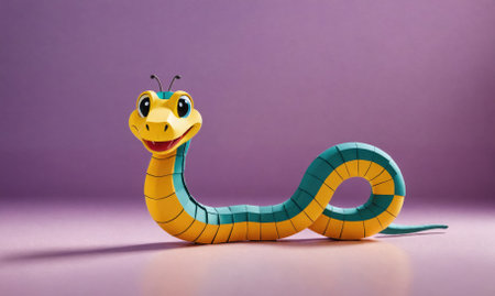 A cartoon snake with big eyes and a yellow and green body sits on a purple surfaceの素材