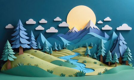 A paper-crafted mountain scene with a winding river, trees, and clouds under a bright moonの素材