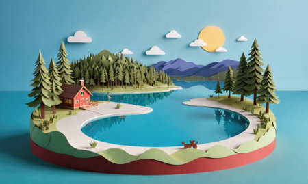 A paper craft landscape with a red cabin, tall trees, and a lake surrounded by hillsの素材