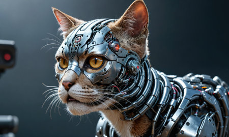 A robotic cat with silver and black armor looks directly at the camera with its golden eyesの素材