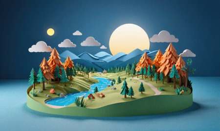 A papercraft forest scene with a winding river, a path through the trees, and a large moon in the skyの素材