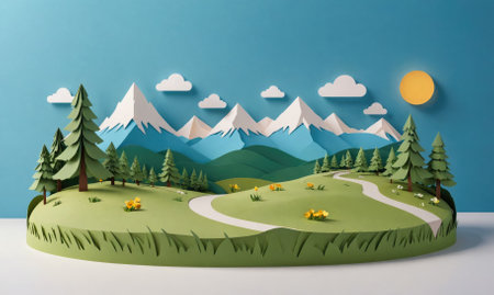 A papercraft landscape depicts a winding path through a green valley, leading to snowy mountains under a bright, sunny skyの素材