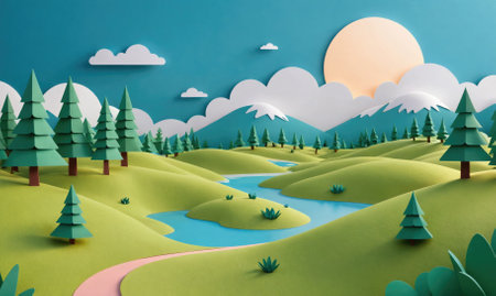 A papercraft scene of a green valley with a winding river, surrounded by trees and mountainsの素材