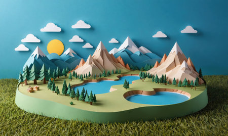 A papercraft landscape depicts a mountain range with two lakes and a sun in the skyの素材