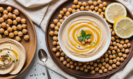 A bowl of hummus with a swirl of olive oil and a sprinkle of herbs, surrounded by roasted chickpeas and lemon slicesの素材