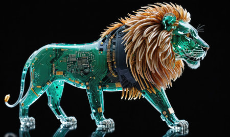 A robotic lion, made of circuit boards and gold, stands against a black backgroundの素材