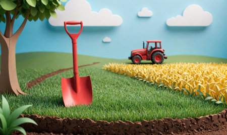 A red shovel sits in a field of green grass, with a red tractor driving through a field of yellow crops in the distanceの素材