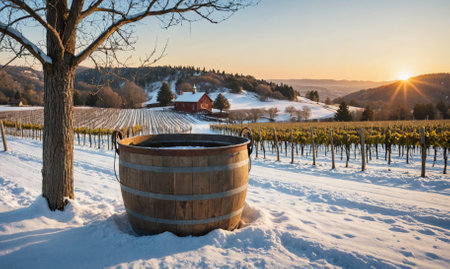 A wooden barrel sits in a snowy vineyard at sunsetの素材