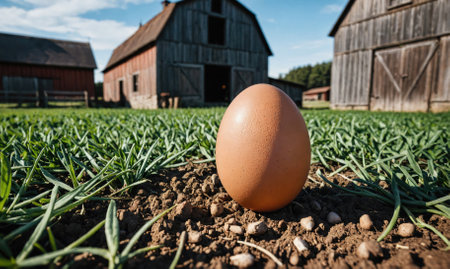 A brown egg sits on the ground in front of a barn on a sunny dayの素材