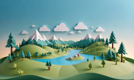 A papercraft landscape featuring snow-capped mountains, a winding river, and green trees under a bright blue skyの素材
