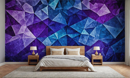 A bedroom with a geometric blue and purple wallpaperの素材