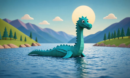 A friendly Loch Ness Monster swims in the water with mountains and a bright sun in the backgroundの素材