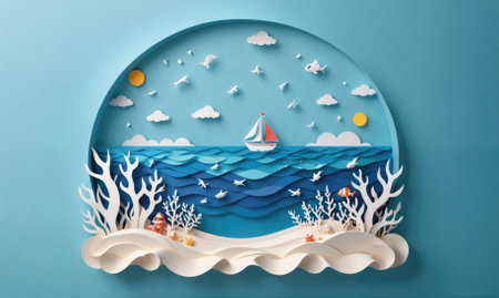 A paper-cut sailboat sails across a blue sea with white clouds and birdsの素材