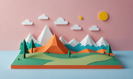 A paper landscape with mountains, trees, and a sun against a pink backgroundの素材