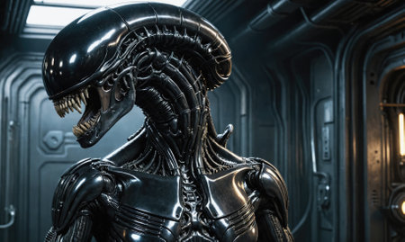 A black Xenomorph alien stands in a dark, metallic corridor, its sharp teeth bared in a menacing grinの素材