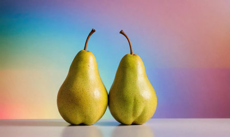 Two ripe pears sit on a table in front of a colorful backgroundの素材