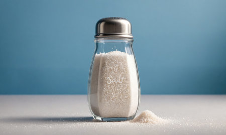A glass salt shaker with a silver top sits on a white surface in front of a blue backgroundの素材