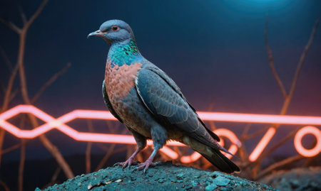 A blue and brown pigeon perches on a rock with an orange neon sign in the backgroundの素材