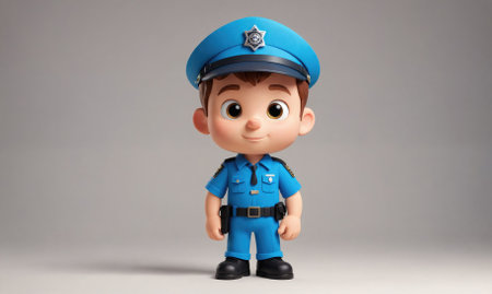 A cartoon police officer stands in front of a gray backgroundの素材